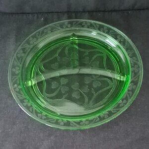 Vintage Depression Glass Hazel Atlas Green Cloverleaf 3 Part Grill Plate 10.25"